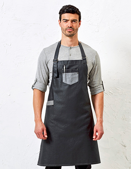 PW136 Division Waxed Look Denim Bib Apron With Faux Leather