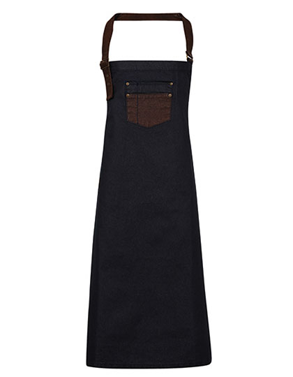 PW136 Division Waxed Look Denim Bib Apron With Faux Leather 72 x 86 cm / Indigo (ca. Pantone 2380C)/Brown Denim (ca. Pantone 4705C)